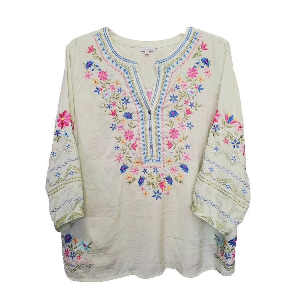John Mark Green Embroidered Y-Neck Contrast Back Tunic Size 2X Boho Lagenlook